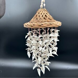 Vintage Wicker Seashell Wind Chime Coastal Boho Hanging Decor 13”